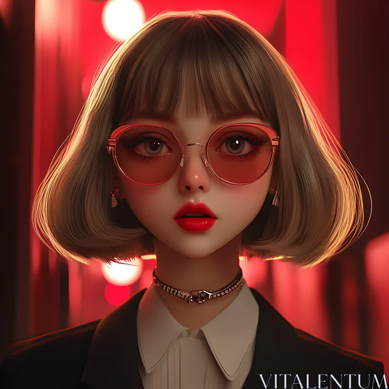 Anime Character with Red Glasses and Bob Cut AI Image