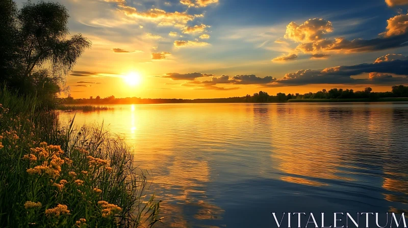 Golden Sunset Reflections on Tranquil Lake AI Image