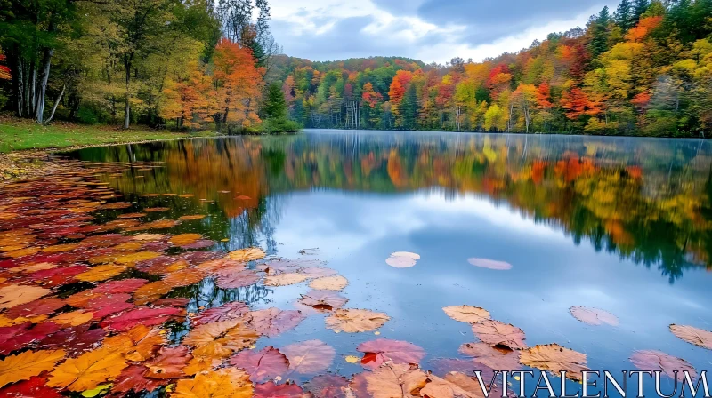 Tranquil Lake Surrounded by Vibrant Autumn Leaves AI Image