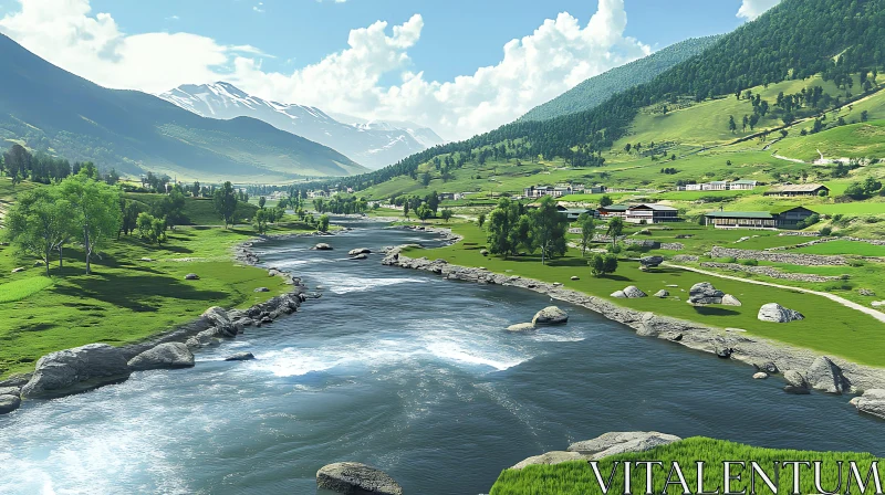 Idyllic River Scene with Village and Mountains AI Image