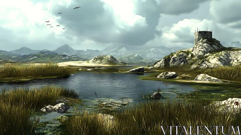 Lakeside Serenity with Rocky Terrain and Cloudy Sky AI Image