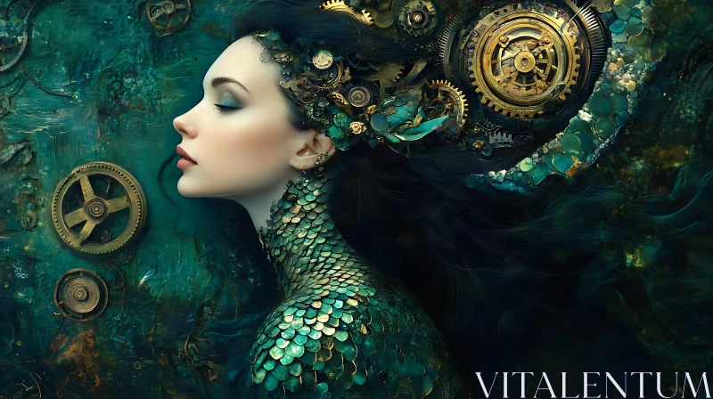 Ethereal Woman with Steampunk Gears and Emerald Scales Ethereal Woman with Steampunk Gears and Emerald Scales
