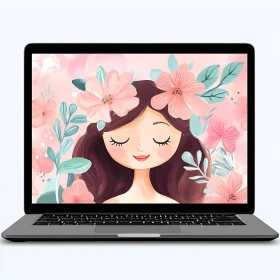 Digital Art of Woman with Flowers on Laptop