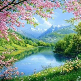 Tranquil Nature Landscape with Blossoms and Mountains