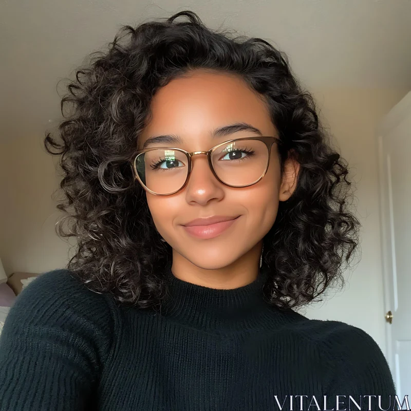 Smiling Woman in Black Sweater with Curly Hair Smiling Woman in Black Sweater with Curly Hair