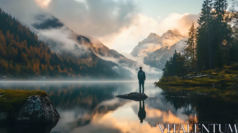 Serene Landscape of Misty Mountains and Lake Serene Landscape of Misty Mountains and Lake