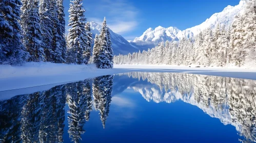 Snow-Capped Mountains and Wintry Forest Reflected in Tranquil Lake