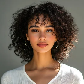 Curly-Haired Woman Portrait with Hoop Earrings