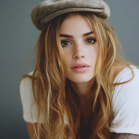 Blonde Woman with Freckles in a Beige Hat