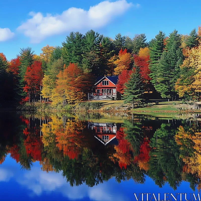 Autumnal Forest Cabin by a Reflective Lake
