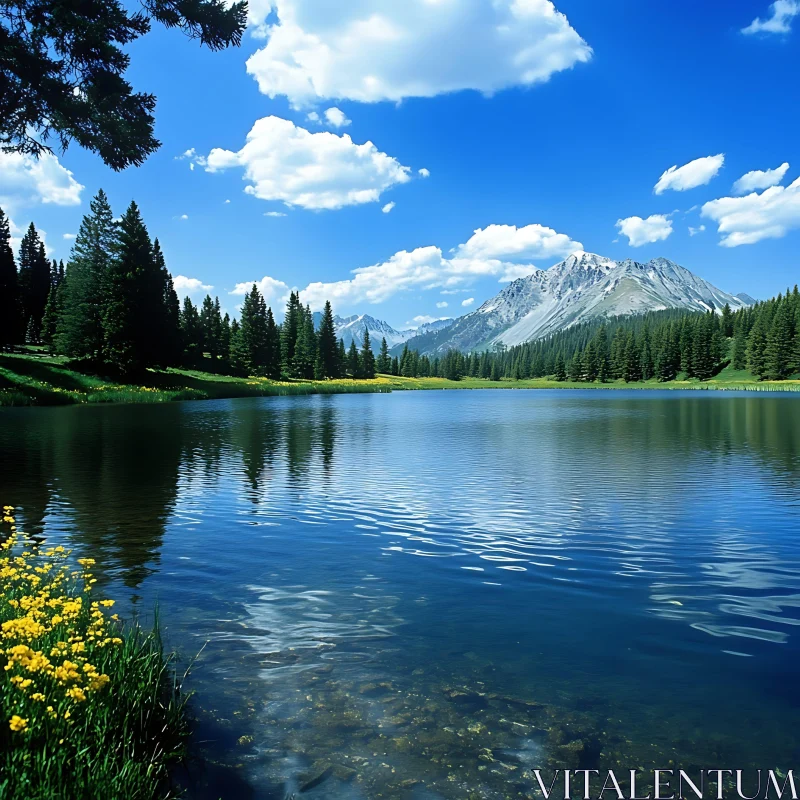 Peaceful Alpine Lake with Clear Blue Sky Peaceful Alpine Lake with Clear Blue Sky