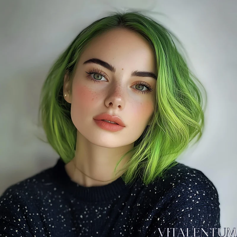 Captivating Woman with Green Hair in Close-Up Portrait AI Image