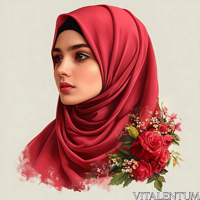 Elegant Woman in Red Hijab with Flowers Elegant Woman in Red Hijab with Flowers