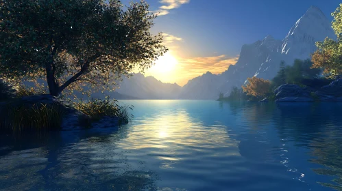 Peaceful Sunset Lake with Mountain Views
