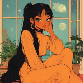 Serene Night with Anime Character and Indoor Plants
