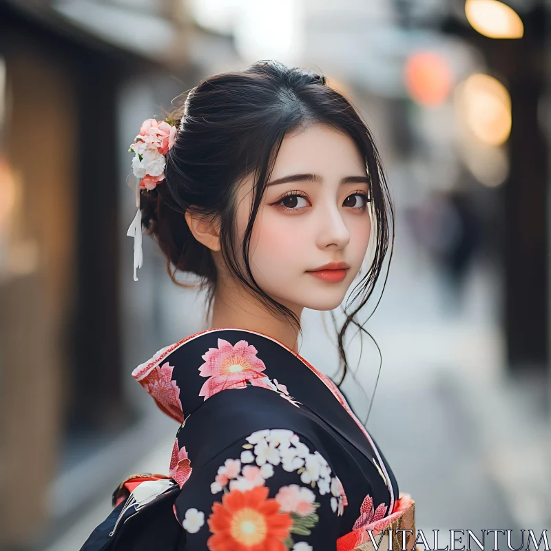 Graceful Woman in Kimono with Flower Adornments Graceful Woman in Kimono with Flower Adornments