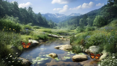 Mountain Valley Stream with Butterflies and Wildflowers