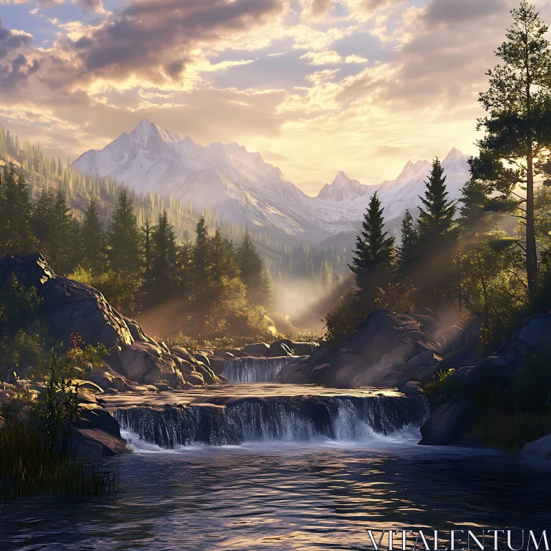 Serene Mountain Scene with Cascading Waterfall Serene Mountain Scene with Cascading Waterfall