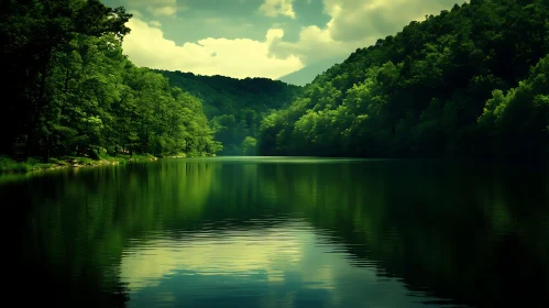 Peaceful Forest Lake with Green Reflections