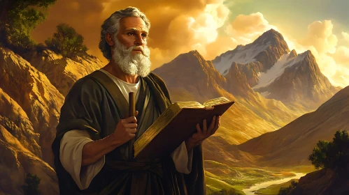 Wise Elder with Book in Majestic Mountain Landscape