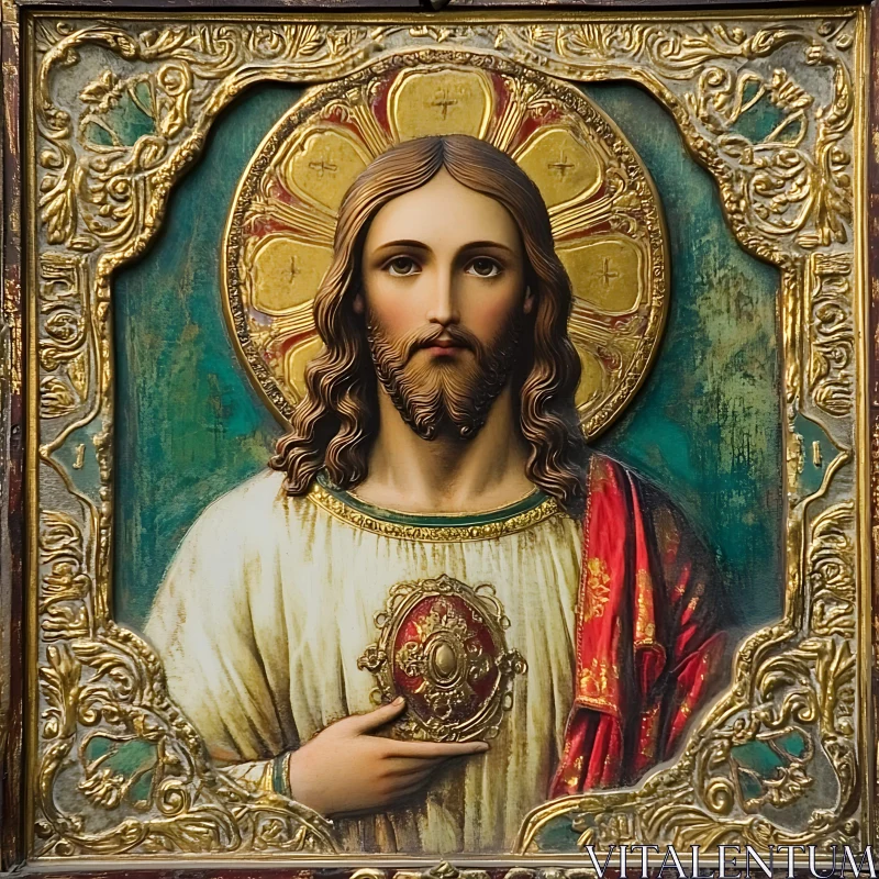 Sacred Religious Icon with Gold and Emerald Elements Sacred Religious Icon with Gold and Emerald Elements