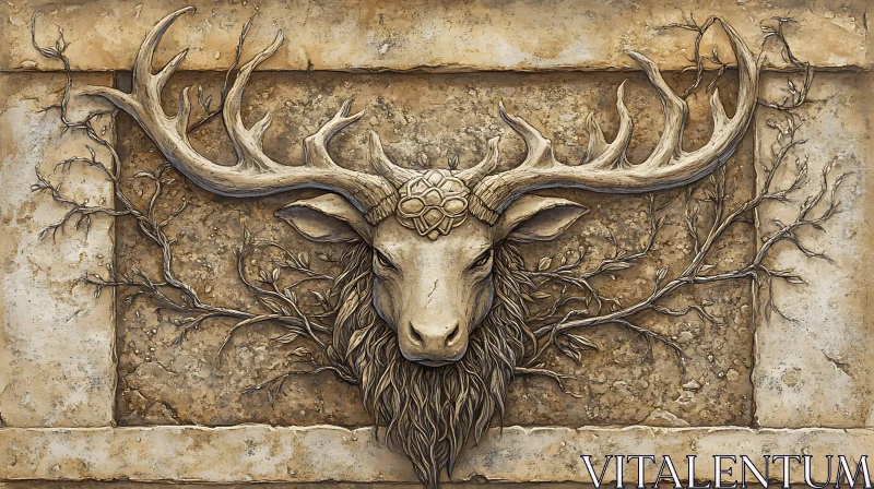 Deer Relief Carving with Antlers in Stone AI Image