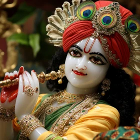 Intricately Adorned Divine Statue Holding a Flute