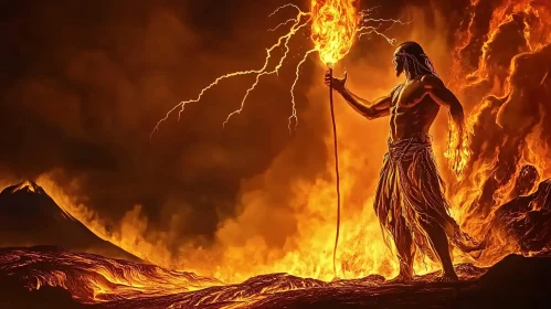 Legendary Fire Warrior in Volcanic Landscape