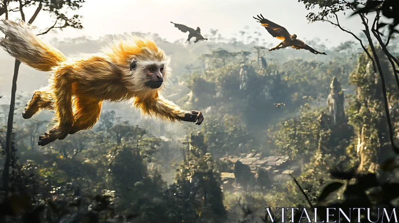 Golden-Furred Monkey Amidst Jungle Landscape AI Image