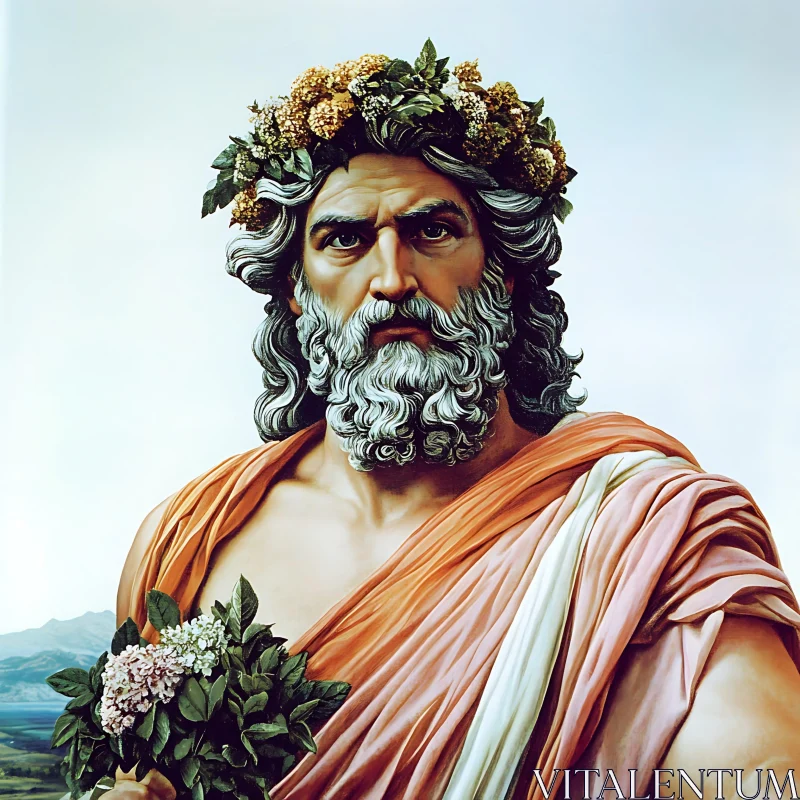 Ancient Deity Portrait with Floral Elements AI Image