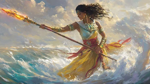 Female Warrior with Blazing Spear in Rough Seas