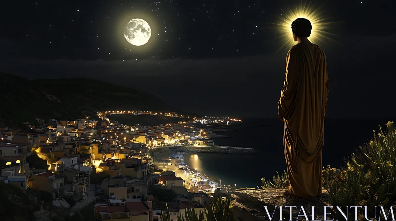 Statue Overlooking Moonlit Coastal Village AI Image