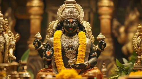 Deity Statue with Golden Ornaments and Flower Garland