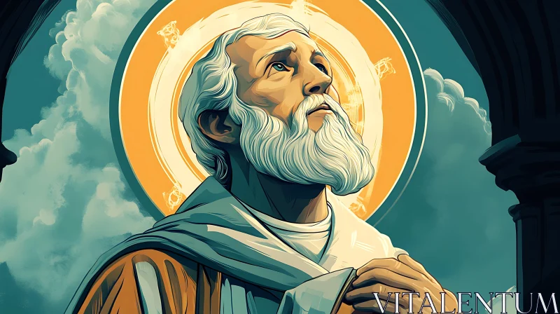 AI ART Illustration of a Saint with Halo and Celestial Background