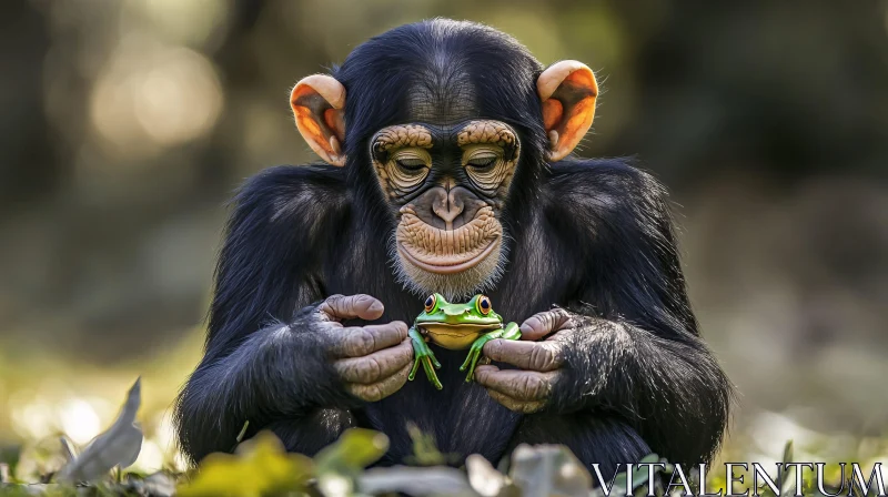 Chimpanzee Encounters Vibrant Frog AI Image