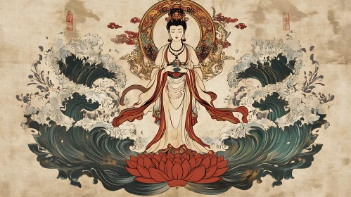 Divine Figure on Lotus with Surrounding Waves