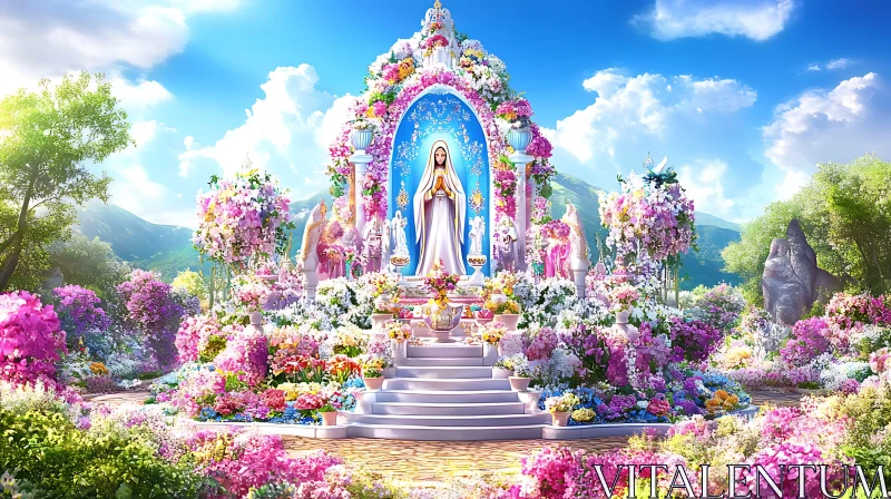 AI ART Peaceful Flower-filled Sanctuary with Central Statue