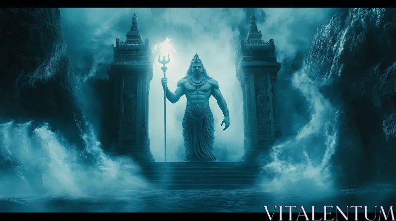 Ancient Deity Holding Trident in Mystical Setting AI Image