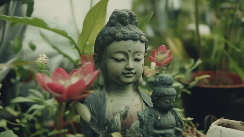 Peaceful Buddha Surrounded by Lotus Flowers