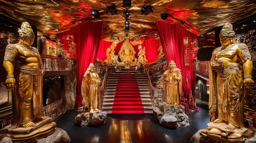 Ornate Cultural Interior with Red Curtains and Statues