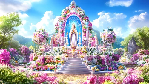 Peaceful Flower-filled Sanctuary with Central Statue