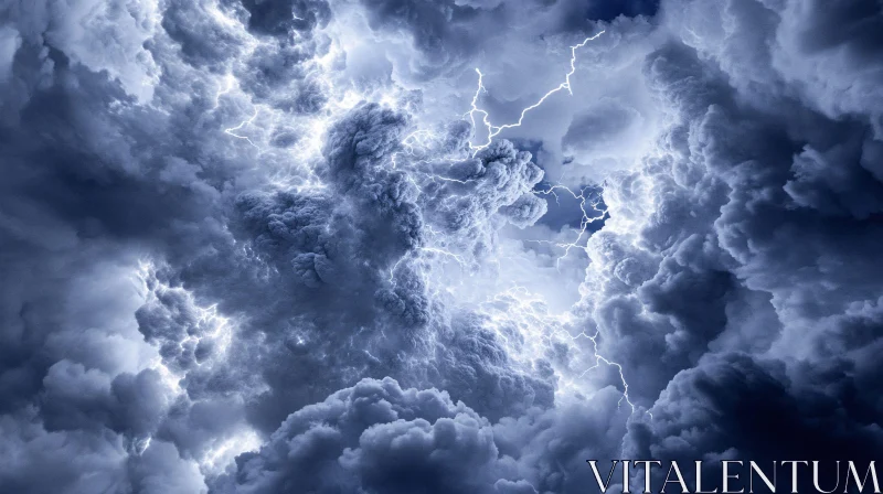 Intense Lightning Storm in a Dark Cloudy Sky AI Image