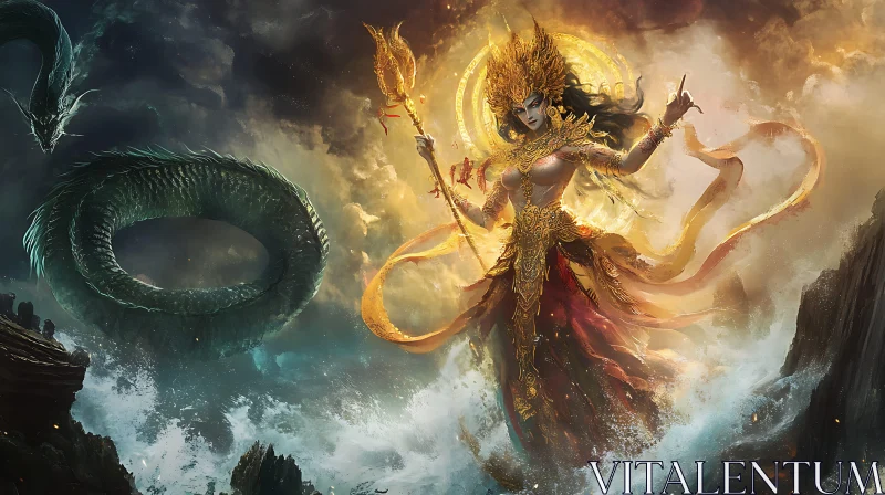 AI ART Mythical Goddess with Dragon in a Stormy Ocean