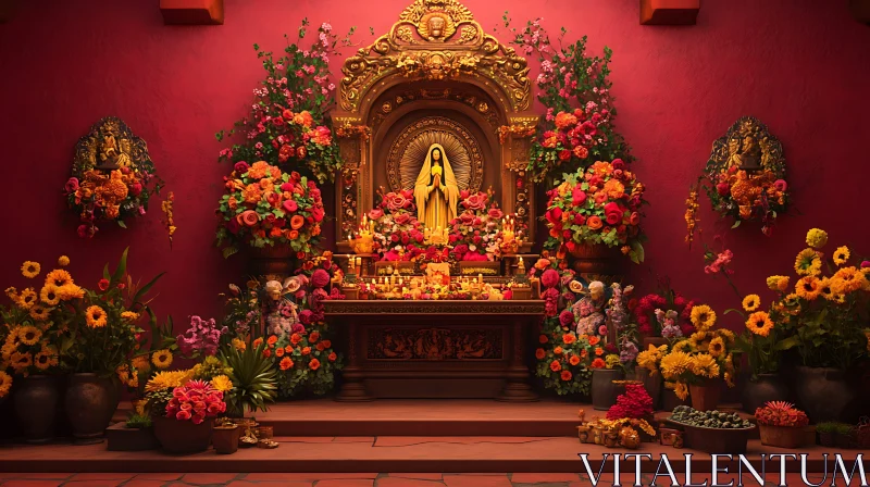 AI ART Luxurious Altar with Central Statue and Blossoming Flowers