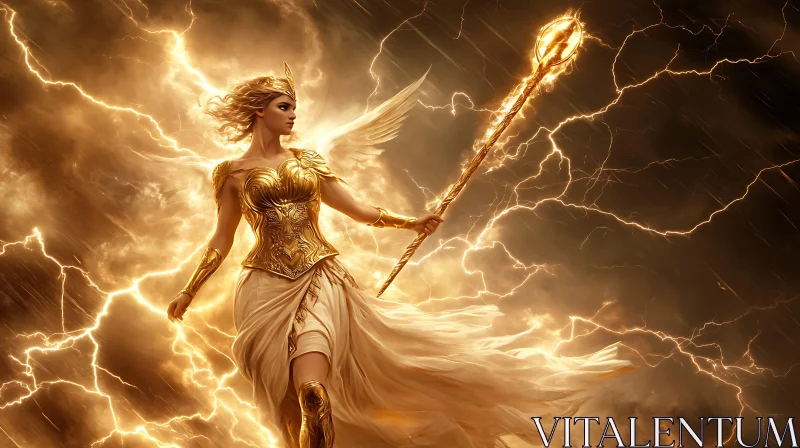 AI ART Mythical Goddess with Golden Armor in Electric Storm