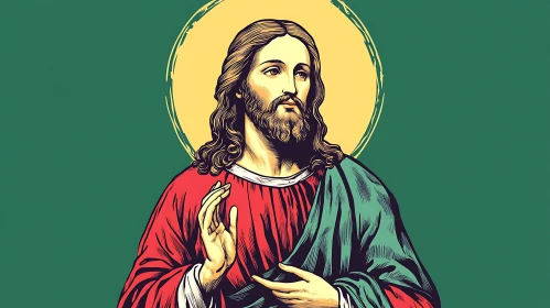 Religious Icon of Christ in Red and Green