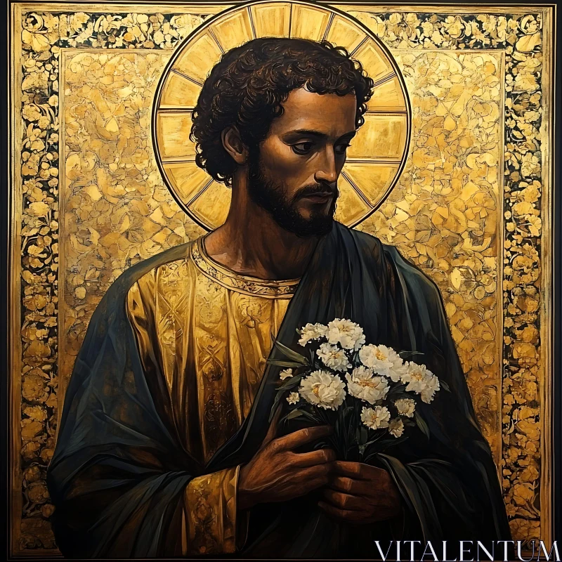 Saintly Icon with Gold Aura and Flowers AI Image