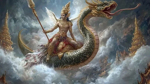 Fantastical Warrior on Serpent in Dreamy Sky