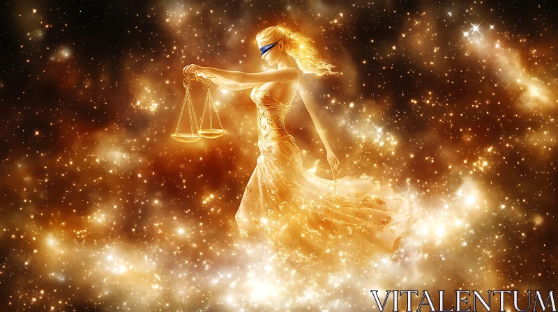 Mystical Depiction of Lady Justice in Celestial Golden Gown AI Image