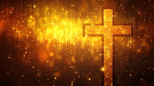 Glowing Cross with Shimmering Golden Particles